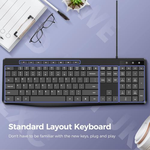 Wired Keyboard,Quiet Keyboard, Multimedia USB Computer Keyboard, Silent Keyboardwith Low Profile Chiclet Keys,Large Number Pad,Spill-Resistant,Anti-Wear Letters,Full Size for Laptop,Desktop