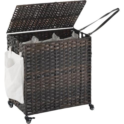 Laundry Hamper with Wheels, 39.6 Gallon(150L) Rolling Laundry Basket with Lid, 3-Section Rattan Clothes Hamper with 3 Removable Liner & 3 Mesh Bags, Laundry Sorter with Side Pocket, Brown