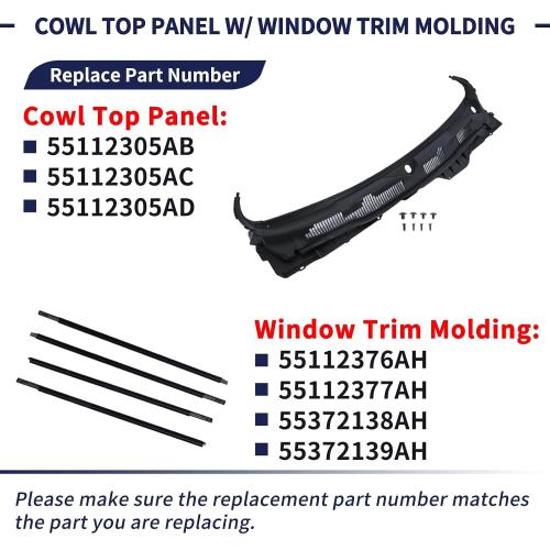 Windshield Wiper Cowl Panel Grille w/Window Trim Molding Compatible with Dodge Ram 1500 2500 3500 2009-2018,1500 Classic 2019-2024 Cowl Top Panel Replace 55112305AD 55112305AB 55112305AC