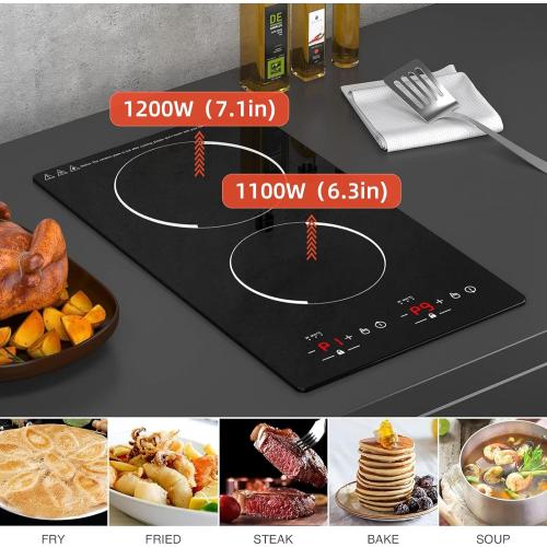 12“ Induction Cooktop, Double Induction Cooktop 2 Burner 110v-120v Electric Stove Top, Countertop and Built-in, 9 Power Levels, Child Lock, 120 Mins Timer
