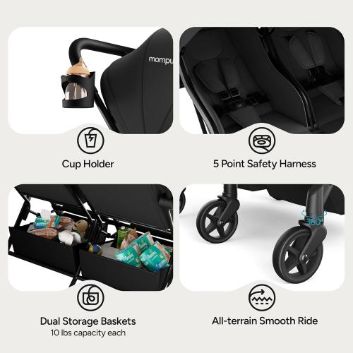 Mompush Lithe Double Stroller for Infant and Toddler, Lightweight Side by Side Twin Stroller, Only 25 lbs, 30-Inch Slim Fit Through Doorways, One-Step Fold, Independent Recline, UPF 50  Canopy