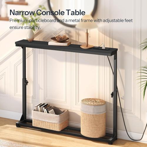 HOOBRO Narrow Console Table Set of 2 with Charging Station, Adjustable Height Sofa Table (25''-32.9''), Slim Behind Couch Table for Small Spaces, Entryway, Living Room, 78.8 Black BB95UXGP201