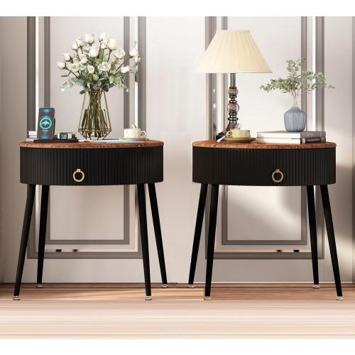 OIOG Side Tables Set of 2, Round Nightstand with Drawer, Modern Bedside End Tables for Small Space, Living Room, Bedroom, Office, Dorm, Rustic Brown and Black