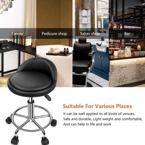 KKTONER PU Leather Round Rolling Stool with Foot Rest Height Adjustable Swivel Drafting Work SPA Task Chair with Wheels (Black)