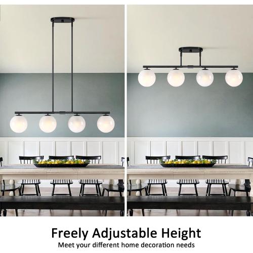 Black Mid Century Globe Sputnik Chandelier Black Island Light Linear Chandelier Milky Art Glass Shade Globe Pendant Light Fixture for Bedroom Living Room Hallway Dining Room Kitchen T720604L-BK