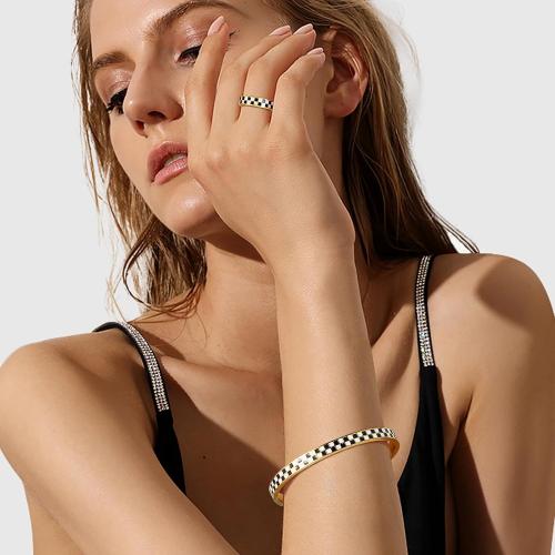 Checkered Stackable Jewelry Set: Black & White 316L Stainless Steel Bracelet & Ring | Non Tarnish Geometric Gift for Women | Hypoallergenic Unisex Gift (2-Piece)