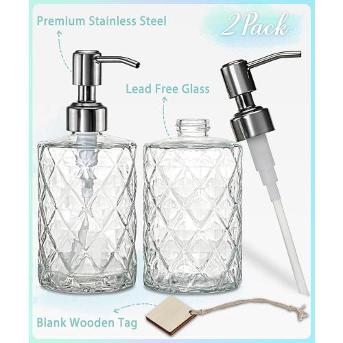 JASAI 2Pack Diamond Embossed Glass Soap Dispenser with 304 Rustproof Stainless Steel Pump, 12 OZ Bathroom soap Dispenser with A Wooden Tag, Elegant Hand Soap Dispenser for Bathroom & Kitchen