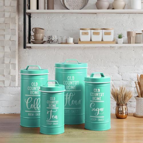 Teal Canisters for Kitchen Counter, Airtight Kitchen Canisters for Countertop, Flour and Sugar Containers, Tea Coffee Sugar Canister Set, Turquoise Kitchen Decor and Accessories, Set of 4