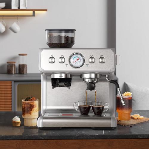 Espresso Machine with Grinder, Stainless Steel 20 Bar Semi-Automatic Expresso Coffee Machines, Featuring a Milk Frother, Steam Wand, Removable Water Tank for Latte, Macchiato, Cappuccino