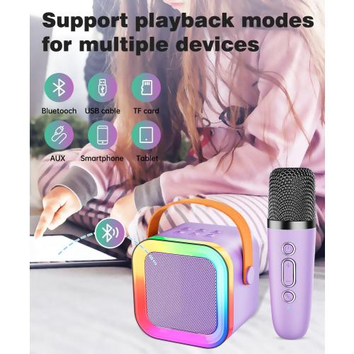 Mini Karaoke Machine Speaker for Kids Adults,Portable Bluetooth with 1-2 Wireless Microphones,Christmas Birthday Gifts Toys Girls Boys Ages 4, 5, 6,7, 8,9,10,11,12  Years Old Toddler (Purple - 2 Mic)
