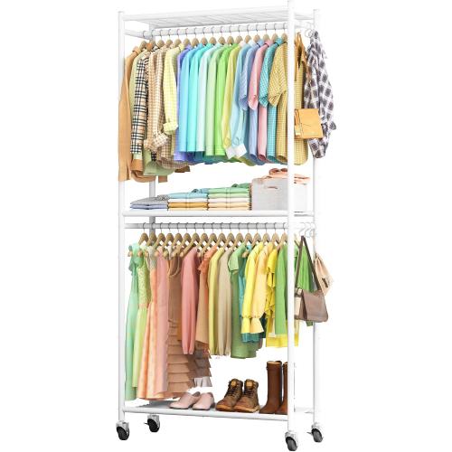 Sakugi Clothes Rack - 33.0 x 12.2 x 79.5 Clothing Rack with Shelves & Wheels, Multi-Functional Wardrobe Closet with Hooks, Sturdy Metal Garment Rack for Bedroom, Laundry, Balcony (White)