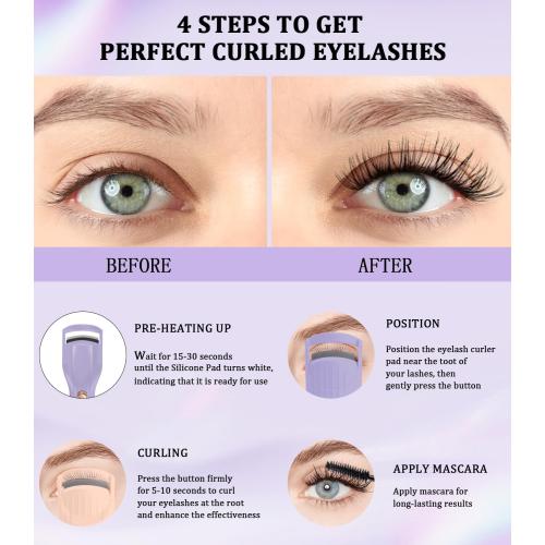 Purple Heated Eyelash Curler Premium PRO - Fast Heat up in 8s - 24 Hours Long Lasting - Rechargeable Electric Eyelash Curler with Type-C, Innovative L Silicone, 2 Heat Modes, Anti-Burn Eyelid, Purple-CB