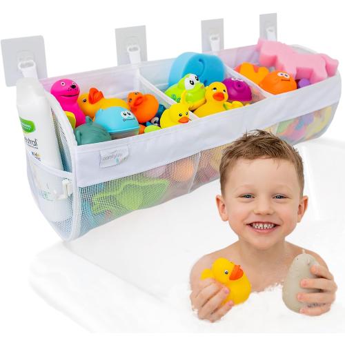 Comfylife Large Bath Toy Organizer – 3 Compartment Bath Toy Holder for Bathtub & Shower – Quick-Dry Mesh with 4 Strong Adhesive Hooks – Kids Toys Storage Net for Bathroom, shower & Tub