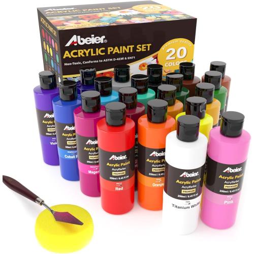 ABEIER Acrylic Paint, 20 Colors (250 ml/8.45oz) Acrylic Paint Bottle Set, Non-Toxic, Rich Pigments Bulk Painting Supplies for Canvas Crafts Wood Ceramic, Ideal for Artists, Beginners and Students