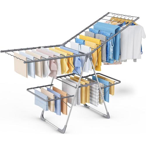 Sakugi Clothes Drying Rack, Foldable 2-Level with 70 Adjustable Wings | Laundry Room, Bedroom, Indoor & Outdoor Use, Height Adjustable, Clothing & Bedding, 70.0 L × 22.8 W, Gray