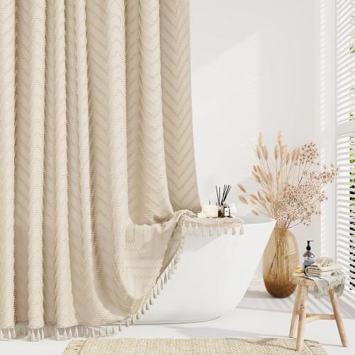 Dynamene Extra Long Shower Curtains, 84 Inches Long Boho Tufted Chevron Striped Fabric Shower Curtains for Bathroom, Tall Minimalist Chic Waterproof Cloth Shower Curtain Set with Hook, Beige, 72x84