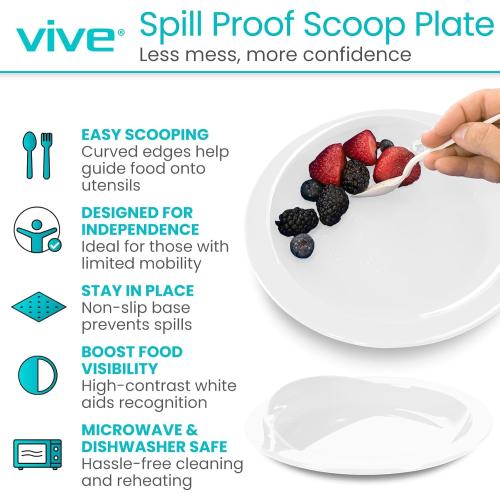 Vive Spill-Proof Scoop Plate, 9 (2 Pack) - Dish with Wall for Disabled | Handicapped, Elderly Adults with Special Needs from Parkinsons, Dementia, Stroke, Tremors with - Non Skid Padded Bottom