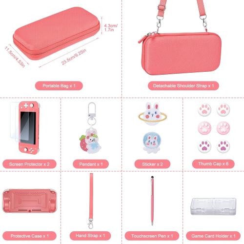 innoAura Switch Lite Case 18-in-1 Accessories Bundle for NS Switch Lite (2019), with Protective Carrying Case, Game Holder, Screen Protector & Cute Thumb Grips, Coral