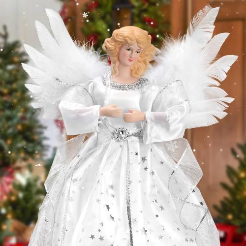Light Angel Treetop, 12 Standing White Angel Christmas Tree Topper or Table Top, White Lighted Angel Tree Topper -Christmas Tree Topper Decoration Ornament for Home (Silver)