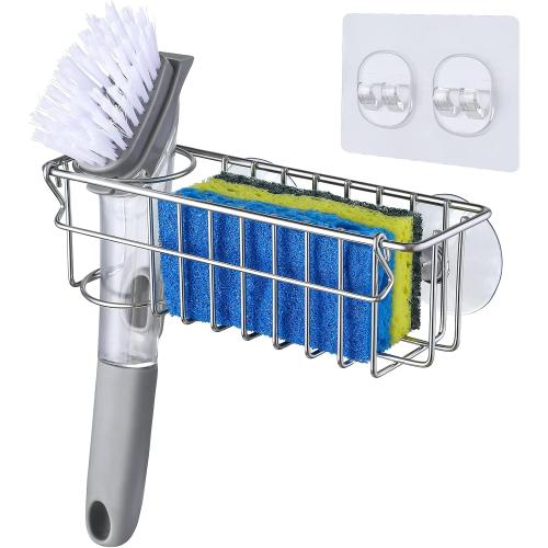 3-In-1 Sponge Holder for Kitchen Sink with Suction Cups & Adhesive Hook , In-sink Sponge Holder, Wall Hanging Sink Caddy Organizer Rack - Sponge, Dish Cloth, Brush, Scrubber - 304 Stainless Steel