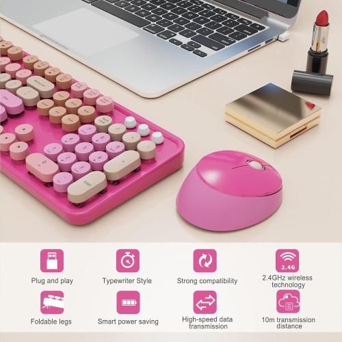 SkyGive Wireless Keyboard and Mouse Combo, Ergonomic Full Size Typewriter Retro Round Keycaps Keyboard, Compatible with Windows, PC, Perfer for Home and Office Keyboards （Red）