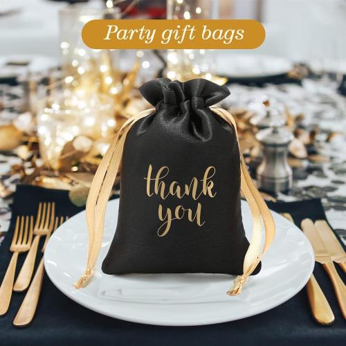 Sieral 50 Pcs Thank You Satin Gift Bags Bulk, Black, Gold, 5 x 7 Inch
