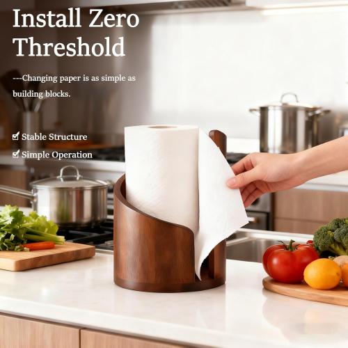 2026 New Mountain Paper Towel Holder Countertop,Natural Mango Wood Round Base and Iron Holder, Wooden Paper Towel Holder for Kitchen Roll Organize Dining Table Home Decor-7-14 Days delivery (Brown-1)