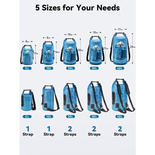 HEETA Dry Bag Waterproof Backpack with Phone Case 5L/10L/20L/30L/40L | Roll Top Lightweight Dry Storage Bag for Women Men, Travel Boating Kayaking Paddle Board Camping Beach Essentials Accessories