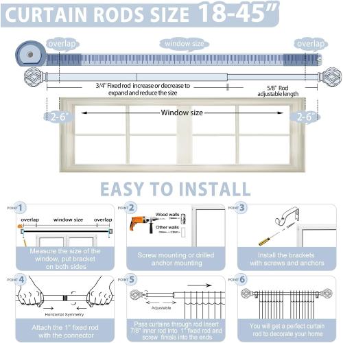 Black Decorative Farmhouse Curtain Rods:18-45 Adjustable Heavy Duty Single Window Curtain Rod for Bedroom Living Room,Matte Black Boho Rustic Drapery Rods with Vintage Twist Finial Easy Install