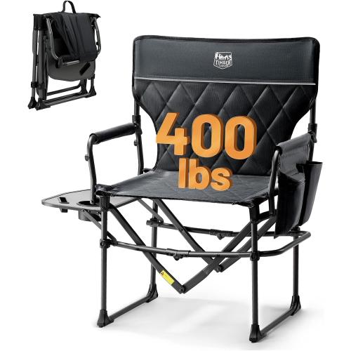 TIMBER RIDGE 400lbs Heavy Duty Camping Chair Portable Directors Chair | Folding Camp Chair with Side Table & Pocket Compact Size for Outdoor, Lawn, Sports and Fishing, Black