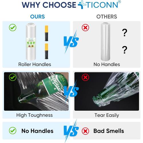 TICONN Stretch Wrap Stretch Film Roll, 1000ft Industrial Strength 15 inch Wide Clear Plastic Wrap with Handles for Pallet Wrapping Shipping Moving