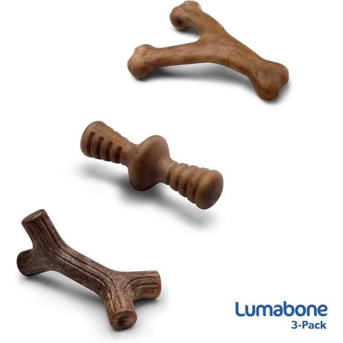 Lumabone Real Bacon Medium 3-Pack Durable Dog Chew Toys for Aggressive Chewers, Made in USA – Wishbone, Zaggler, Stick