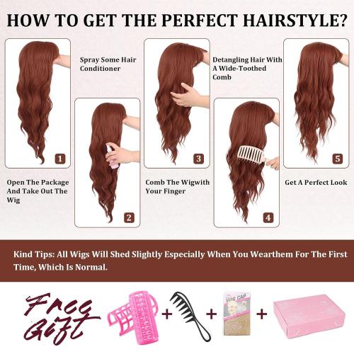 Ginger Orange Wigs with Bangs for Women Long Curly Auburn Wavy Wigs Heat Resistant Synthetic Bangs Wig for Daily Party Use (Ginger Orange, 26 Inches)