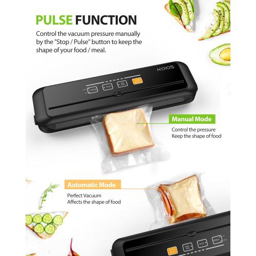 KOIOS Vacuum Sealer Machine, 90Kpa Automatic Vacuum Air food sealer/Built-in Cutter Starter Kit, Dry & Moist Food Preservation Modes, Pulse Function, LED Indicator Lights, Black