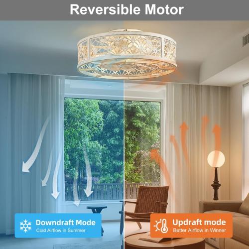 SHLUCE 18 Caged Ceiling Fan with Light, Small Flush Mount Fandelier Ceiling Fans with Lights and Remote, Rustic Low Profile Bladeless Ceiling Fan with Light for Bedroom, Kitchen, White Gold - ETL