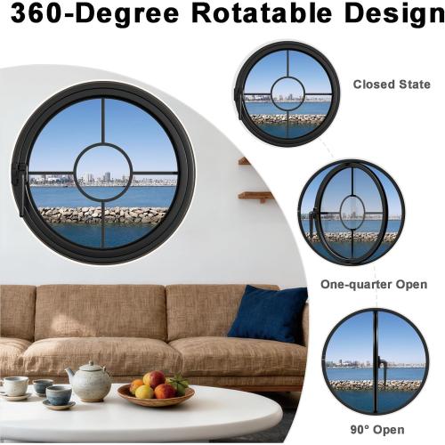 Rotating Round Porthole Window, 27.6, Black | Transparent Tempered Glass, Iron Frame, Center-Pivot with Handle, Decor Ventilation, Indoor Outdoor Use