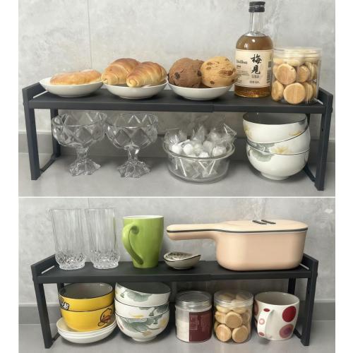 2 Pack Expandable Cabinet Shelf Organizer 16-26 L Stackable Kitchen Counter Shelves Rack Stand Sink Riser Countertop Storage Black (Narrow 5.1”D)