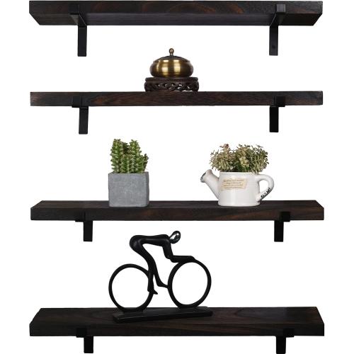 24 Inch Rustic Wood Floating Shelves for Wall Decor Farmhouse Wooden Wall Shelves for Bathroom Kitchen Bedroom Living Room Set of 4 Dark Brown