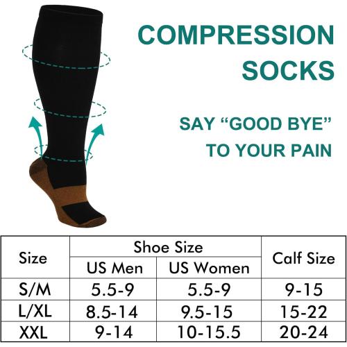 Double Couple 7 Pairs Copper Compression Socks for Men Women 20-30 mmHg Knee High Stockings