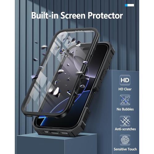 FNTCASE for iPhone 16 Pro Case: Military Grade Drop Proof Protection Mobile Cover with Kickstand | Matte Textured Rugged Shockproof TPU | Protective Sturdy Phone Case - 6.3 inch Black