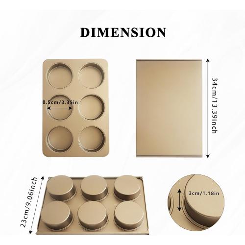 6 Cup Muffin Top Pan for Baking, Nonstick Hamburger Bun Pan, Straight Side English Muffin Cupcake Pans with Lid, Jumbo Muffins Pans for Baking Egg Sandwich Quiche Pancake, Gold (Round Shape)