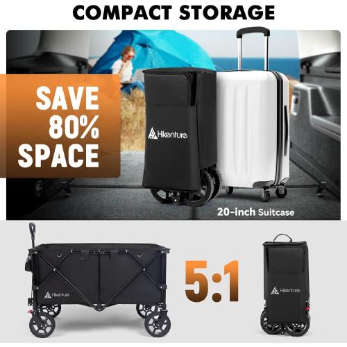 Hikenture Wagons Carts Foldable 330LBS, Heavy Duty Collapsible Wagon | Utility Wagon for Grocery, Garden, Camping & Sports Gear; One-Hand Fold; 360-Degree Wheels; Built-In Wheel Brake