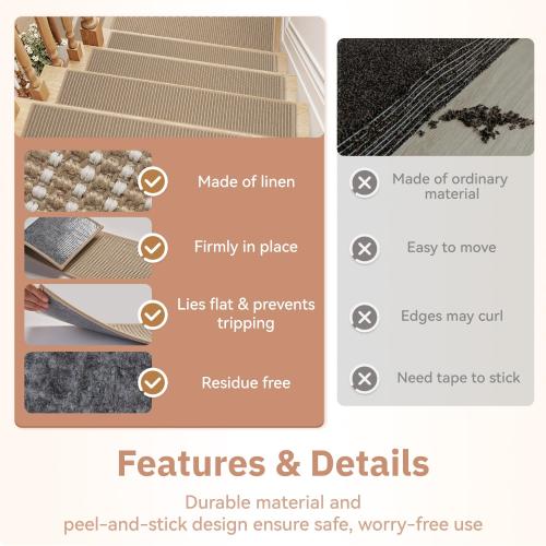 15PC Jute Stair Treads for Wooden Steps-Stairs Carpet Non Slip-Peel and Stick Stair Treads Indoor, Adhesive Staircase Step Treads Residue Free, Durable Natural Stair Runner Rug,8x30 Beige