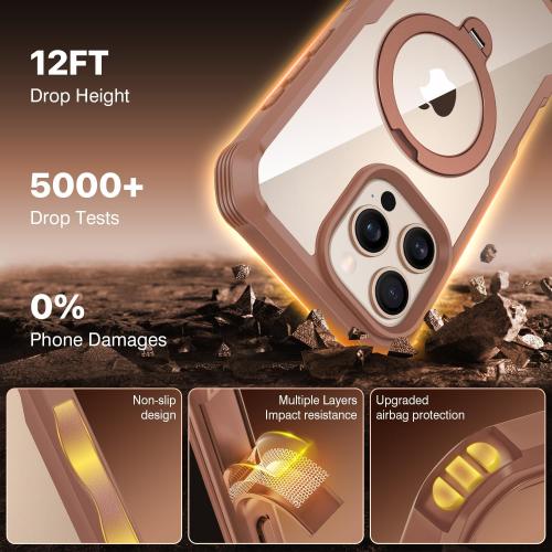 CENHUFO for iPhone 16 Pro Case [Compatible with Magsafe] Full Body Phone Case Built-in 9H Tempered Glass Privacy Screen Protector and 360° Spin Magnetic Stand Ring, Camera Lens Cover - Desert Brown