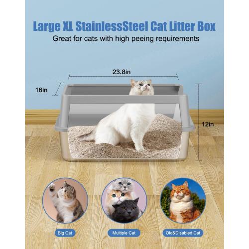 2PACK Stainless Steel Litter Box, Metal Litter Boxs with Lid High Sides, XL Extra Large Litter Box for Big Cats, Never Absorbs Odors, Leak-Proof, Stain-Free, Rust-Free, Easy to Clean, Scoop Included