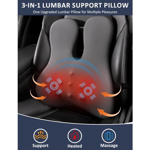 Lumbar Support Pillow for Office Chair,Heated Back Support Pillow with Vibration, Ergonomic Back Massage Pillow for Pain Relief, Memory Foam Lumbar Pillow for Car,Desk Chair,Gifts for Mom Dad