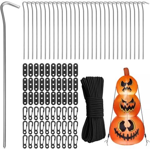 30 Pcs 10 in Stakes for Inflatables Set, Metal Inflatable Stakes Heavy Duty with Hooks, Ropes, Cord Adjuster, Ground Stakes Inflatables for Halloween Christmas Thanksgiving Outdoor Yard Decorations