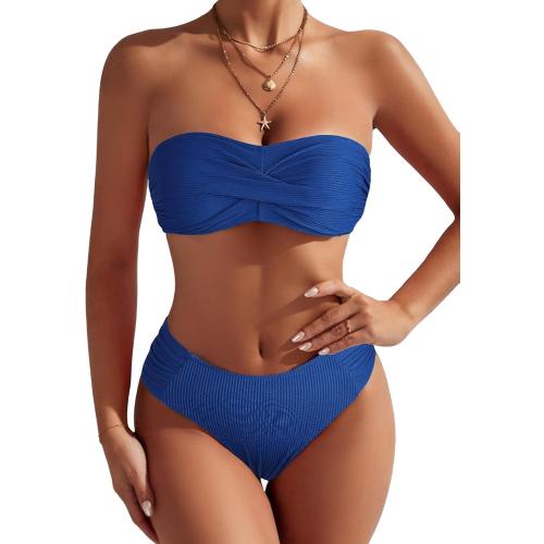 Size S ZAFUL Women's Strapless Twist Bandeau Bikini 2 Piece Swimwear Cheeky Solid Lace up Bathing Suits