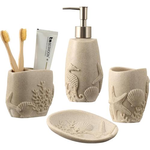 Bathroom Accessories Set, 4 PCS Bathroom Accessory Sets with Soap Dispenser, Toothbrush Holder, Tumbler, Soap Dish, Bathroom Countertop Organizer, Sea Bathroom Decor (Beige)