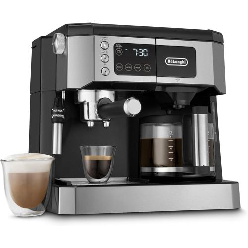 De'Longhi UPGRADED All-in-One Combination Coffee Maker & Espresso Machine   Advanced Adjustable Milk Frother for Cappuccino & Latte   Glass Coffee Pot 10-Cup, COM532M black